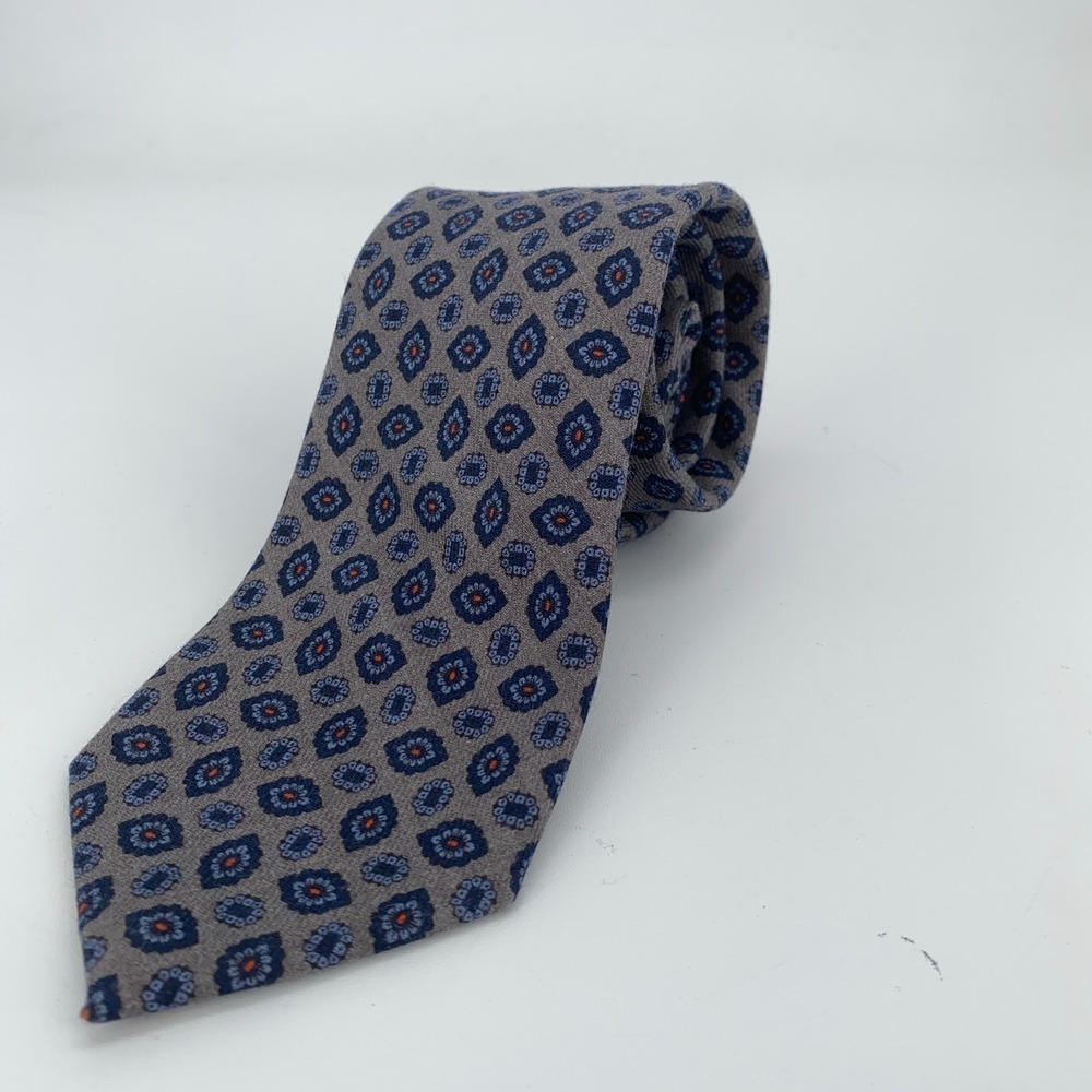 Eton Tie Mens One Size Gray‎ Blue Patterned Wool Classic Necktie Italy Made